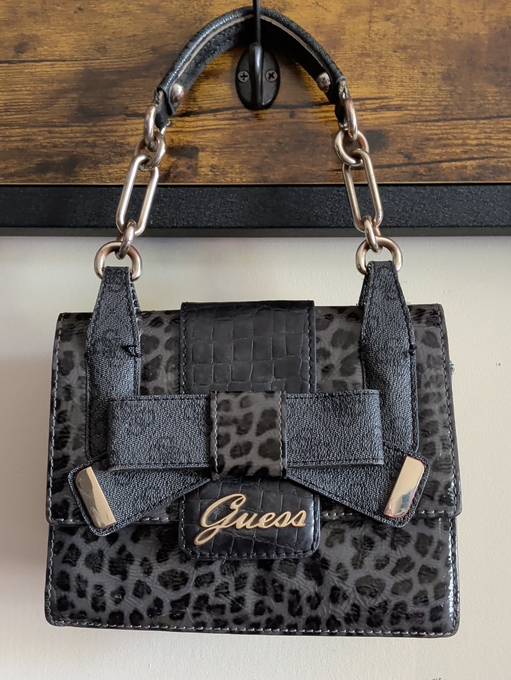 GUESS Black Leopard-Print Mini Top-Handle Bag with Bow